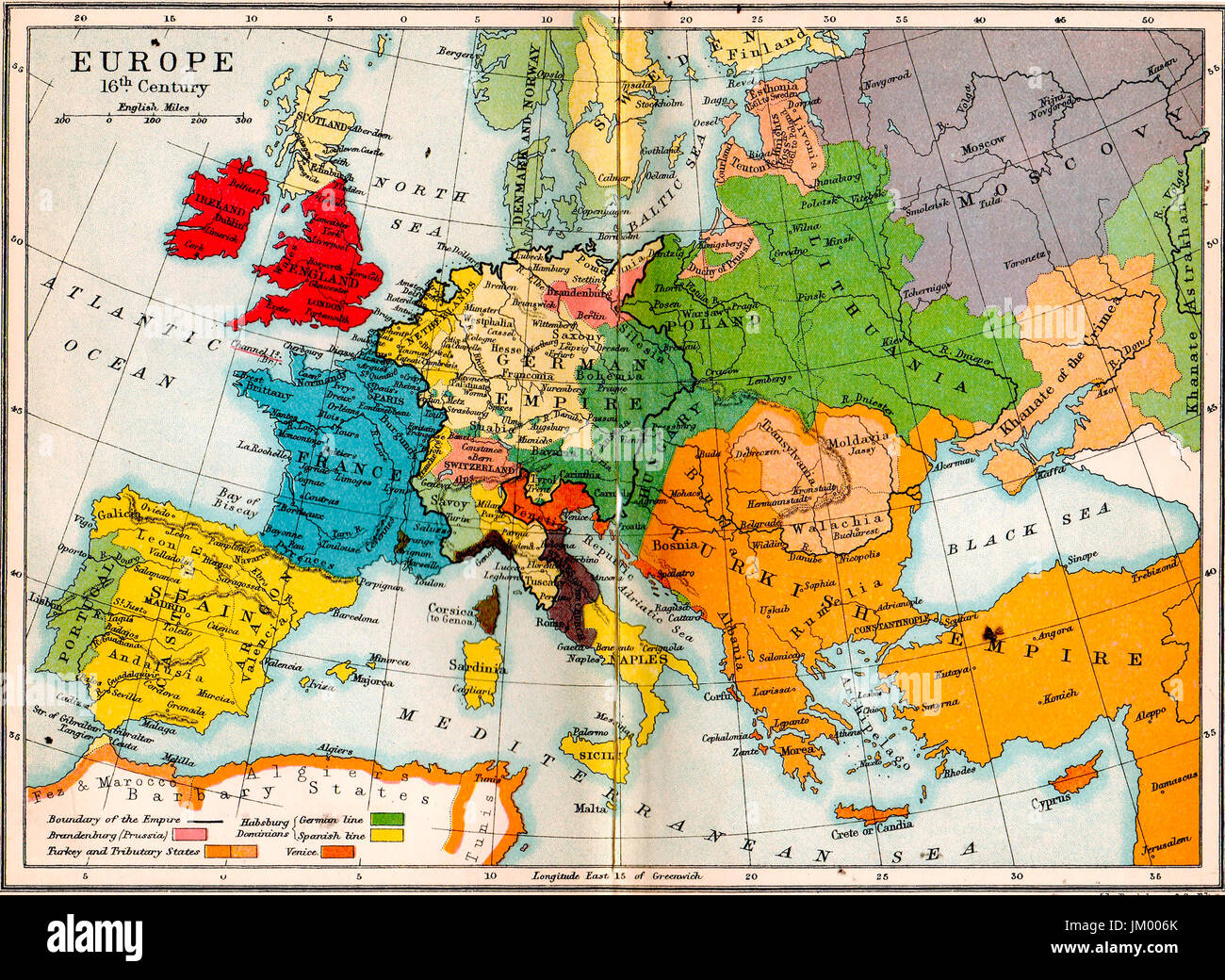 Old school atlas map- Europe in 16th century Stock Photo