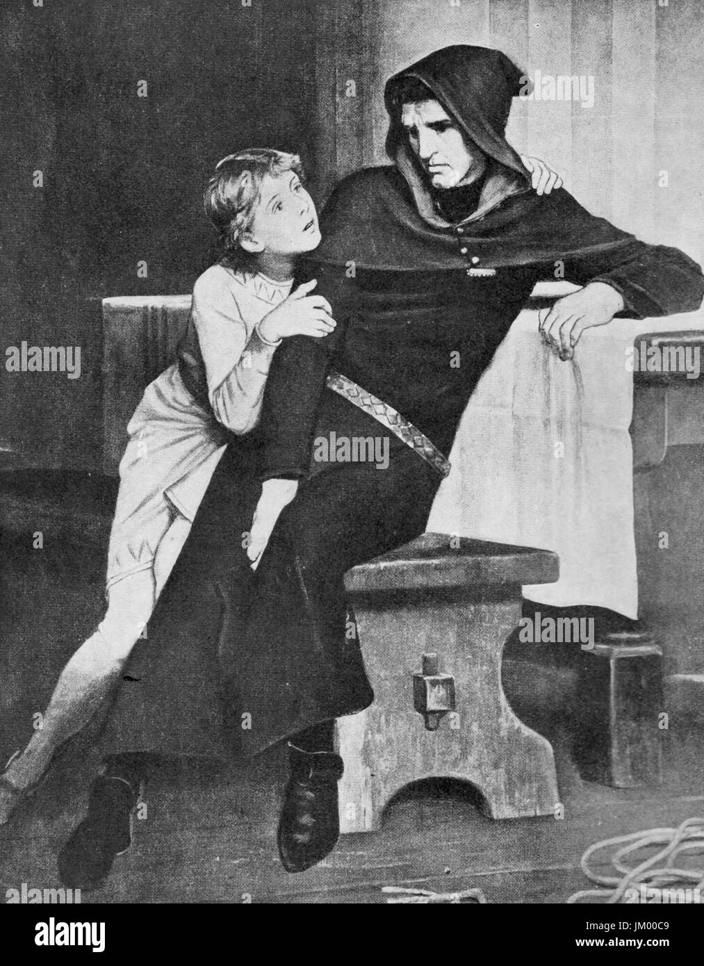 A  circa 1930's depiction of  Prince Arthur of Brittany (&England) and his jailer, Huber (Hubert) Stock Photo