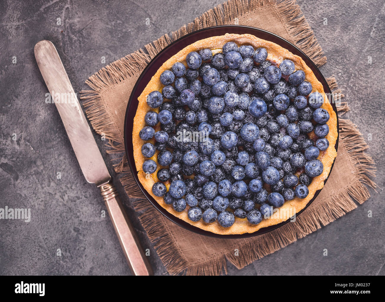 Blueberry tart with icing sugar Stock Photo