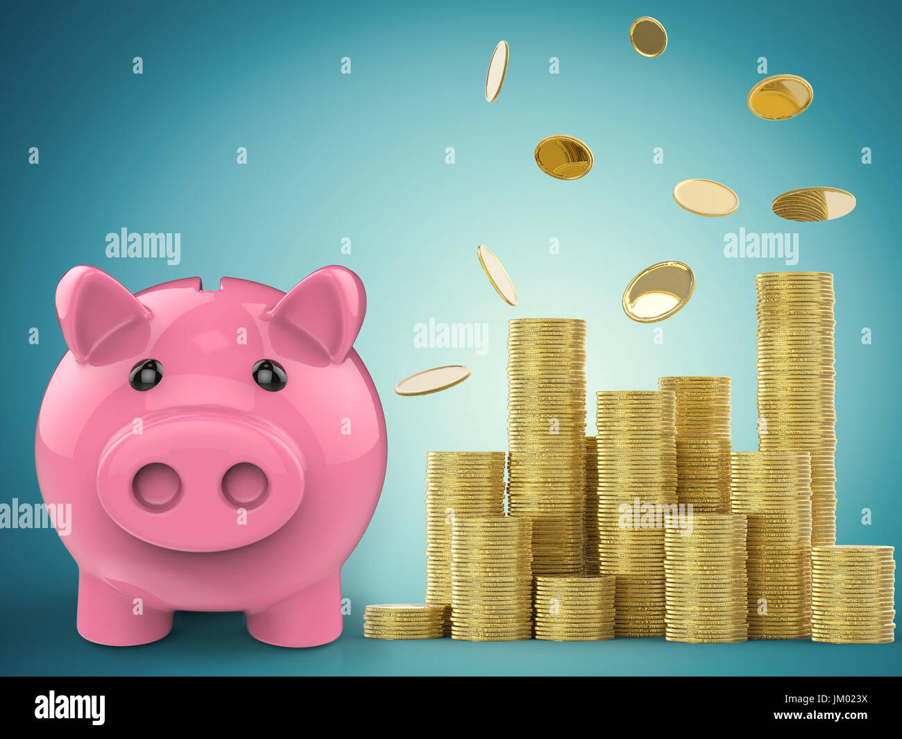 3d rendering piggy bank with stack of gold coins Stock Photo - Alamy