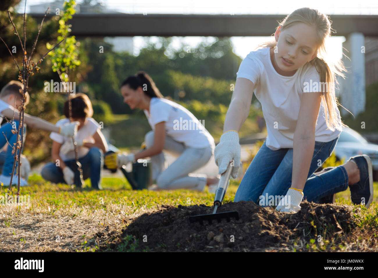 Attentive kid using rake for planting Stock Photo - Alamy
