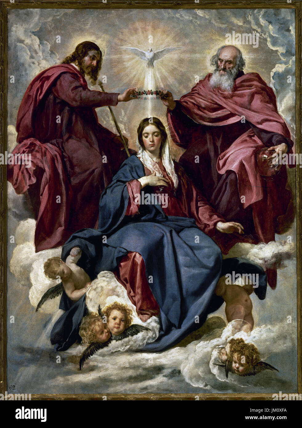 Diego Velázquez (1599-1660). Spanish painter. The Coronation of the Virgin, 1635-1636. From right to left, the Eternal Father, Jesus, the Holy Spirit and the Virgin surrounded by cherubs. Prado Museum. Madrid. Spain. Stock Photo