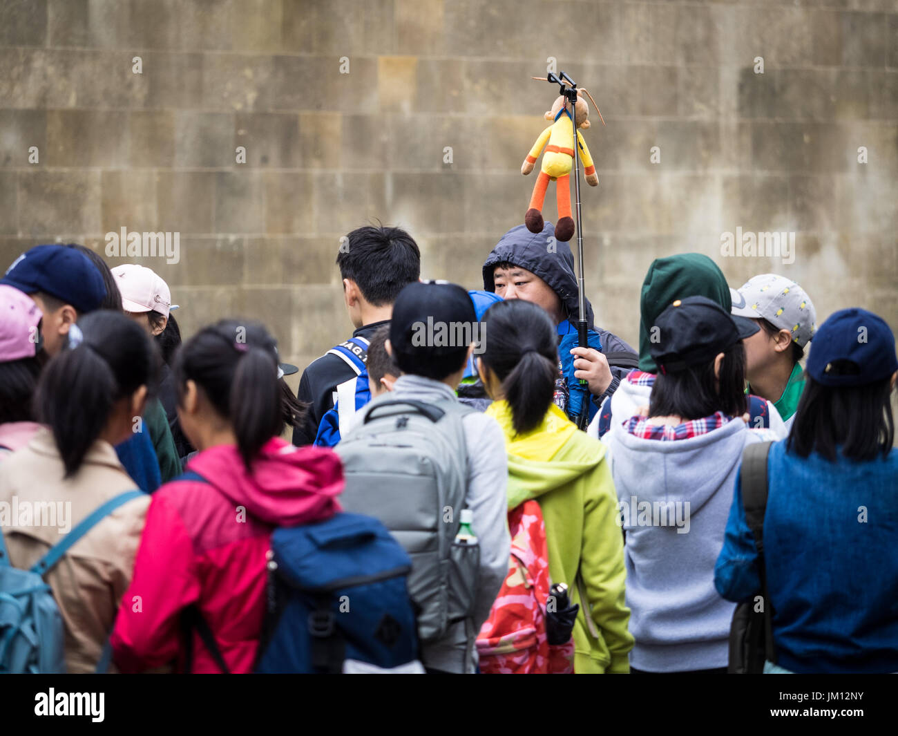 Chinese Tourists Cambridge - Parties of Chinese Tourists with guide with identification mascot in the historic centre of Cambrdige UK Stock Photo