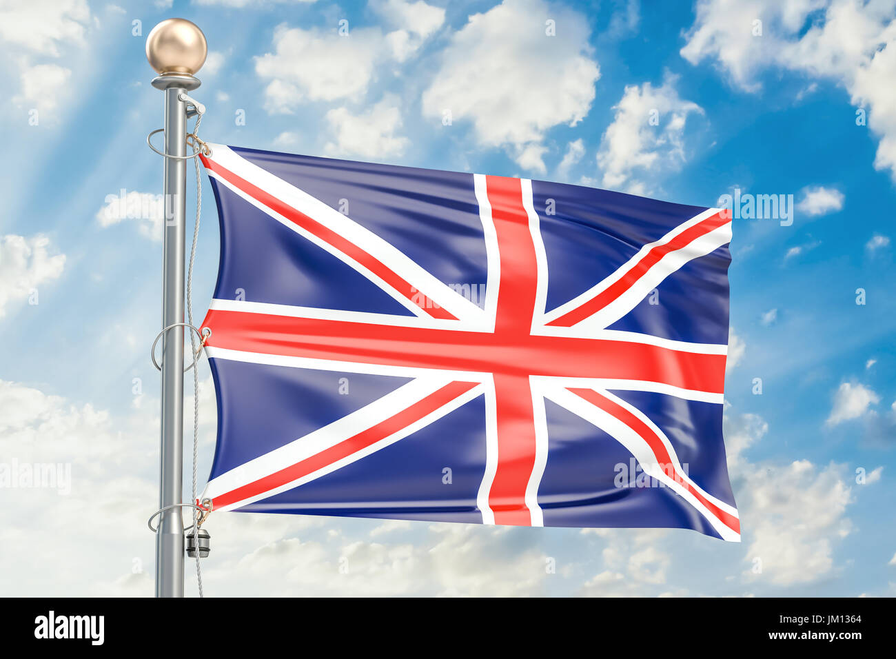 British flag waving in blue cloudy sky, 3D rendering Stock Photo Alamy