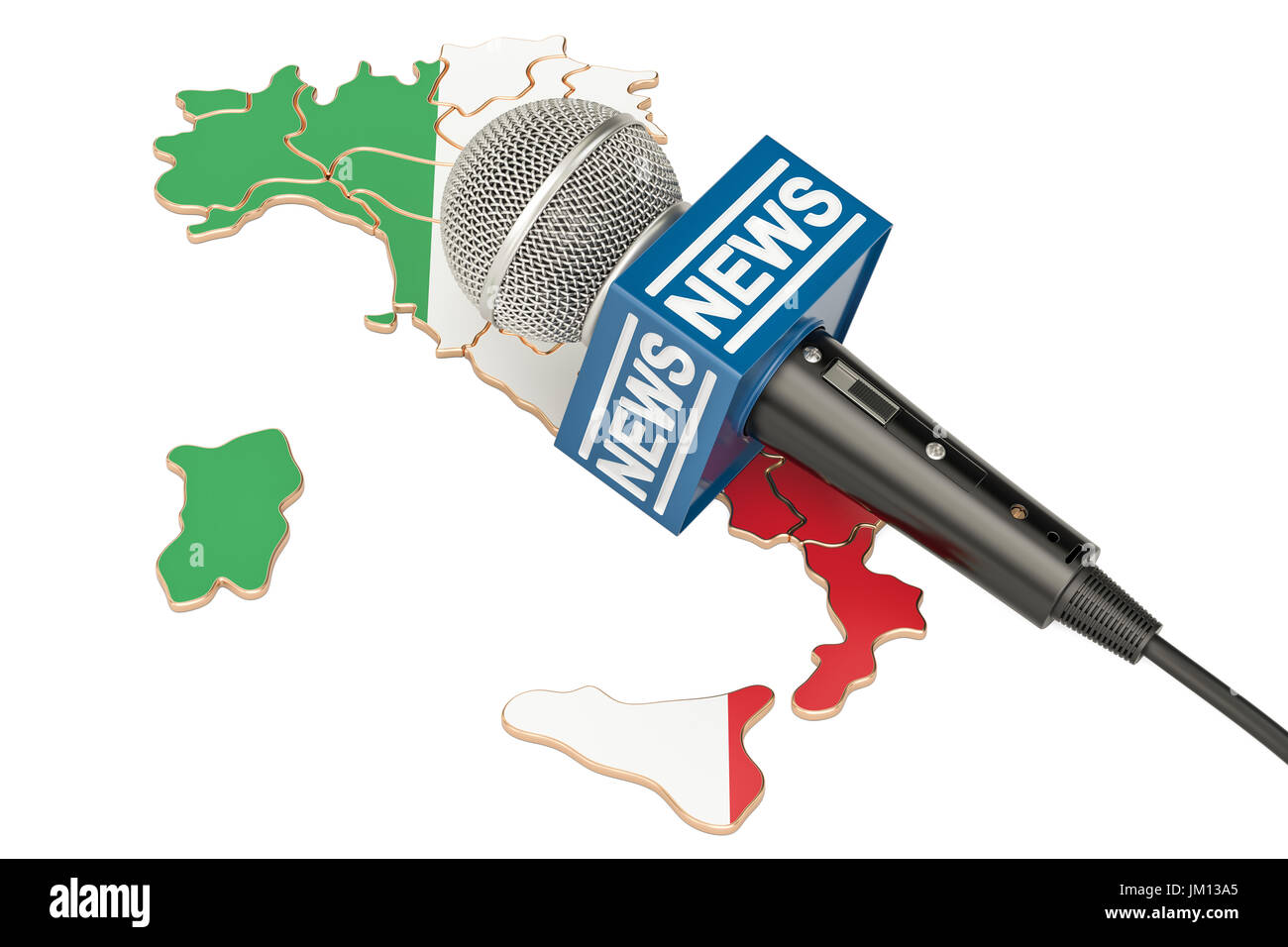 Italian News concept, microphone news on the map of Italy. 3D rendering Stock Photo