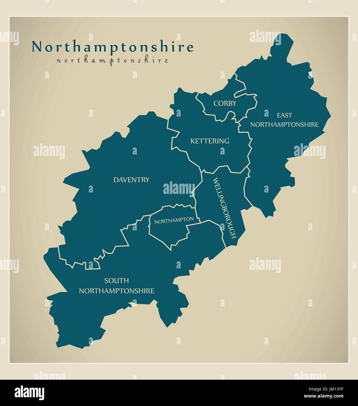 Modern Map - Northamptonshire county with district titles England UK illustration Stock Vector