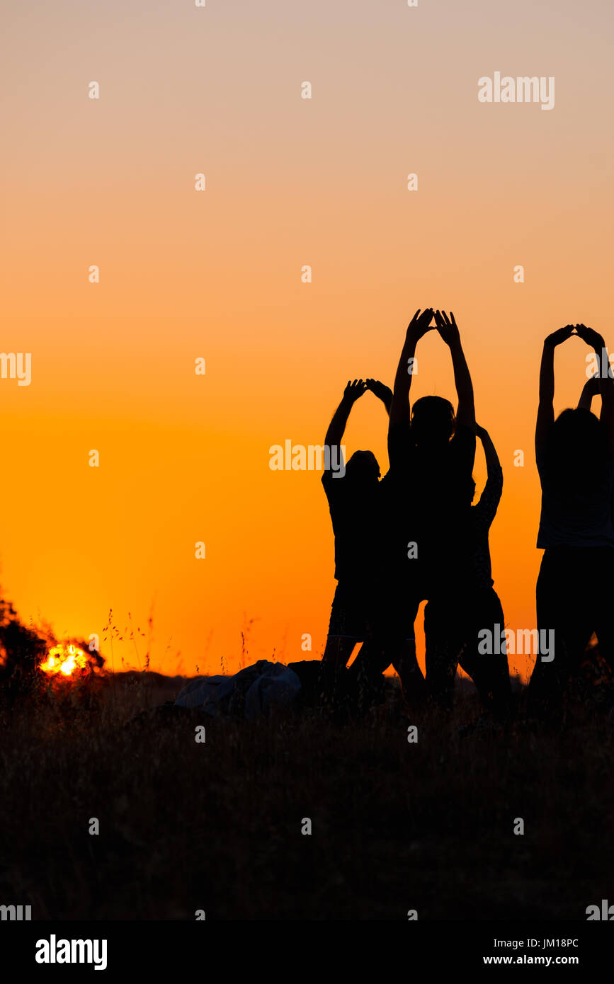Silhouette of several people practicing yoga in the field Stock Photo