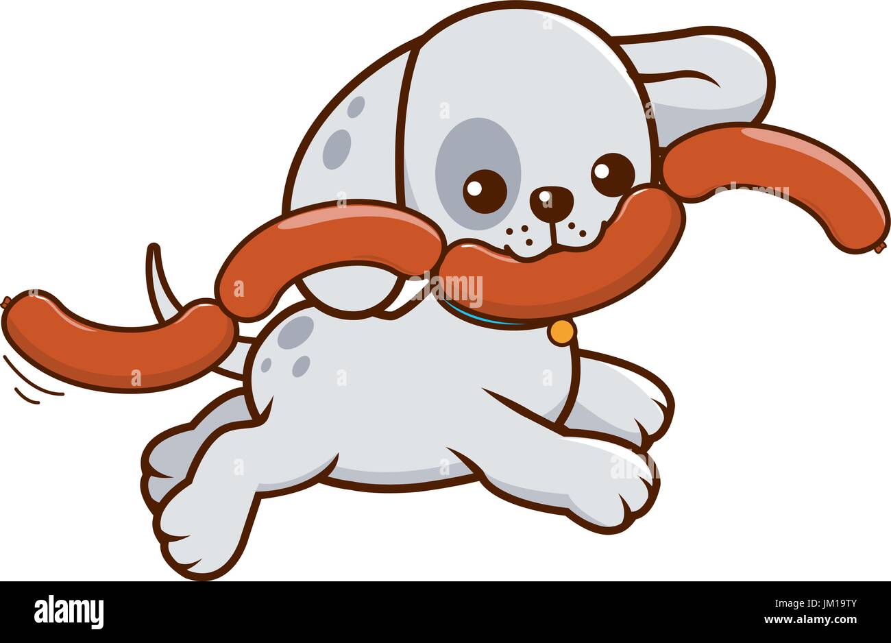 A cute dog running with sausages on his mouth. Vector illustration