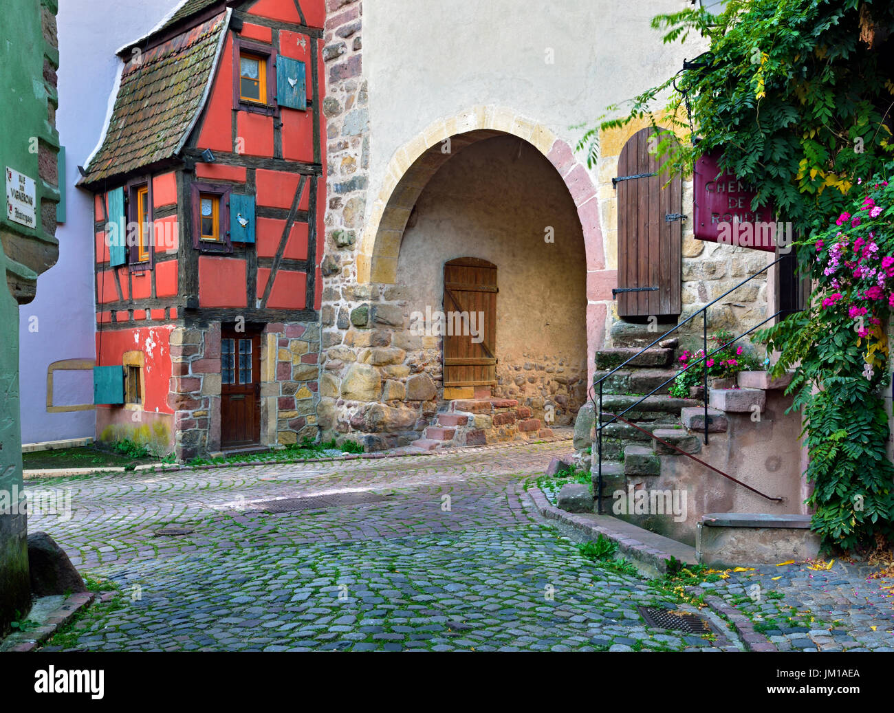 A quiet corner in the medieval town of Turckheim, Alsace, France Stock Photo