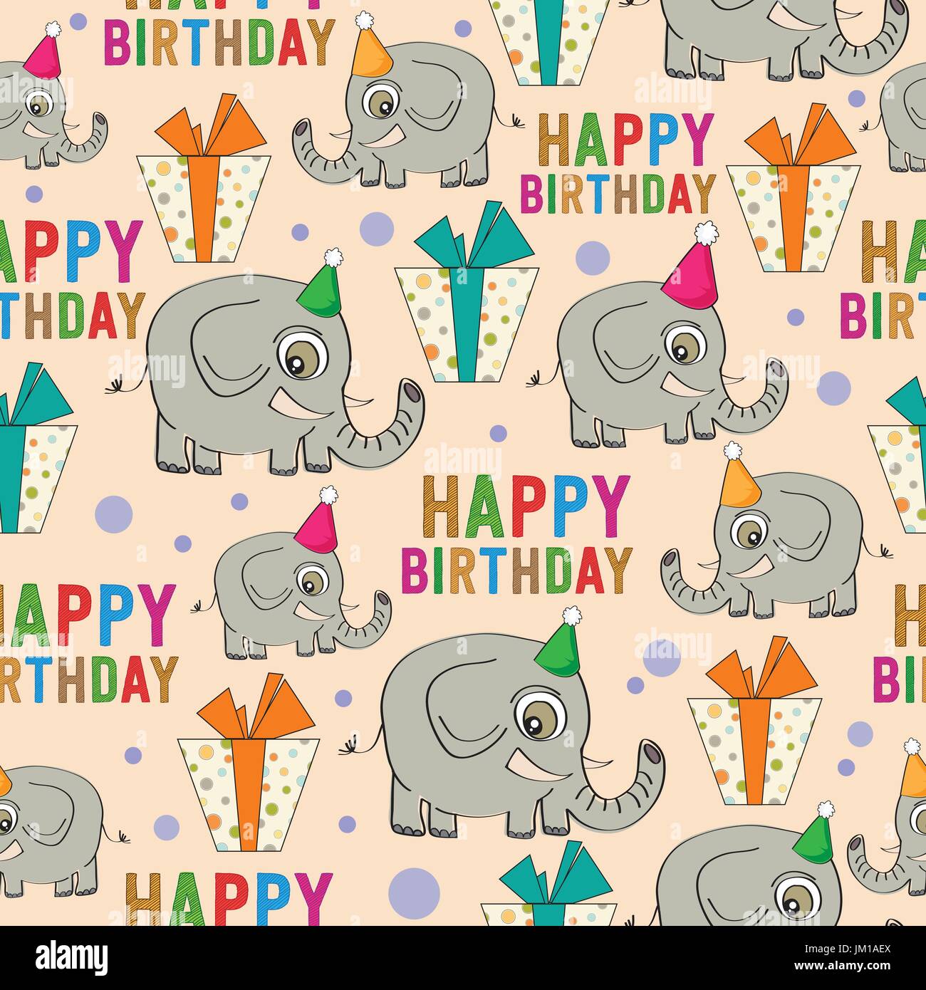 birthday seamless pattern with elephants and gifts, vector format Stock Vector