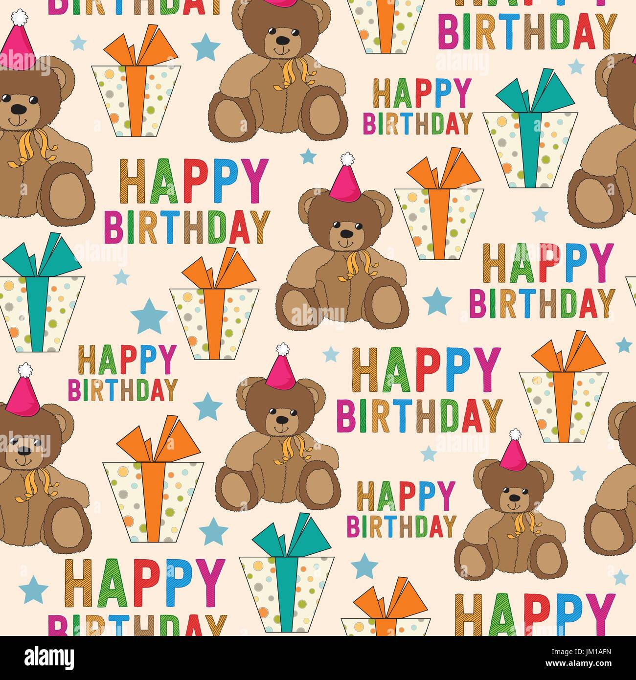 birthday seamless pattern with teddy bear and gifts, vector format Stock Vector