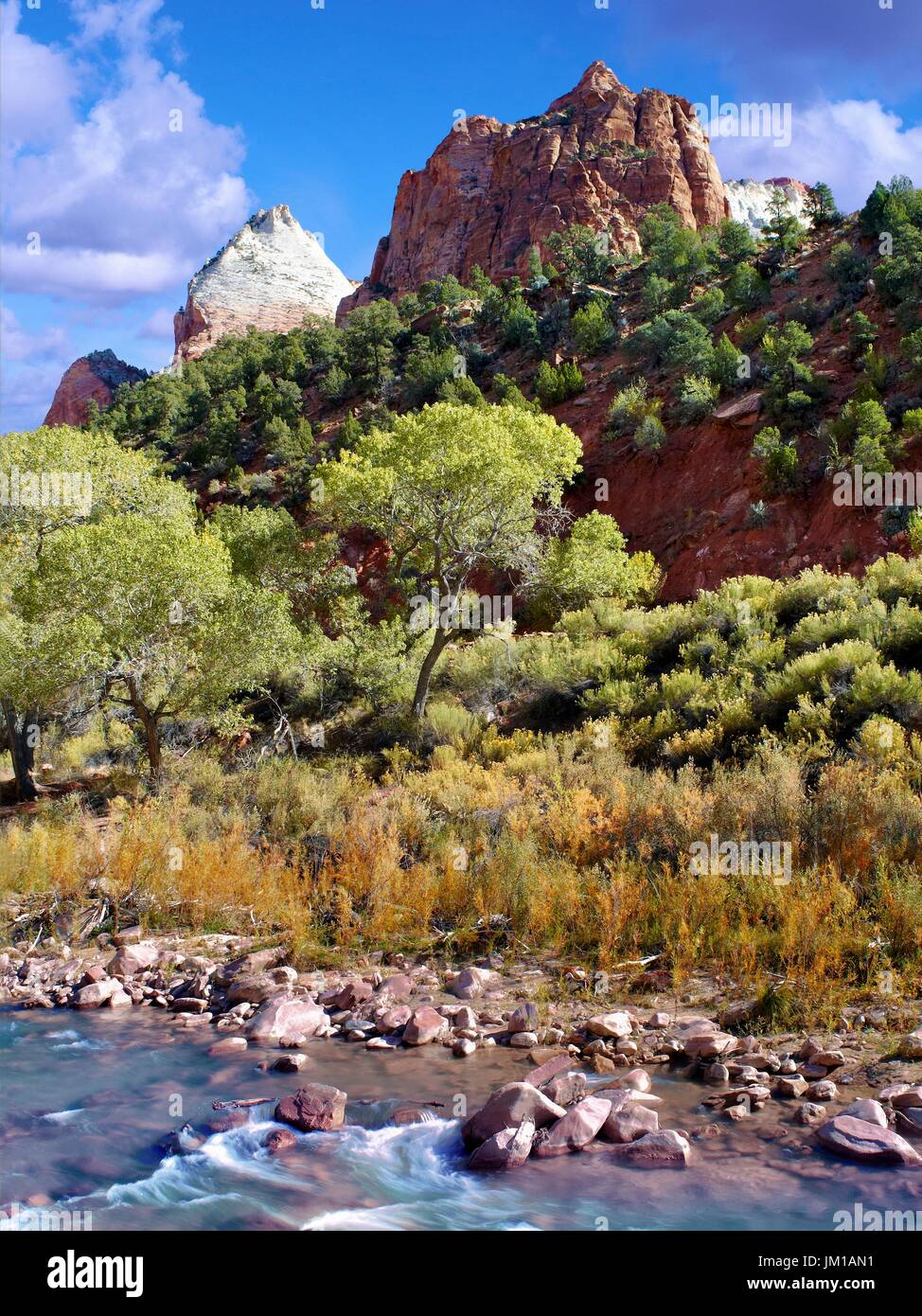 A view of the mountainous landscape of Zion National Park, Utah, USA during the fall season Stock Photo
