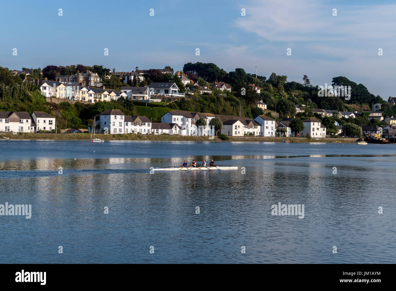 A coxless four row along  the River Torridge at Bideford, Devon. View looking across to East-The-Water. Rowing crew. Stock Photo