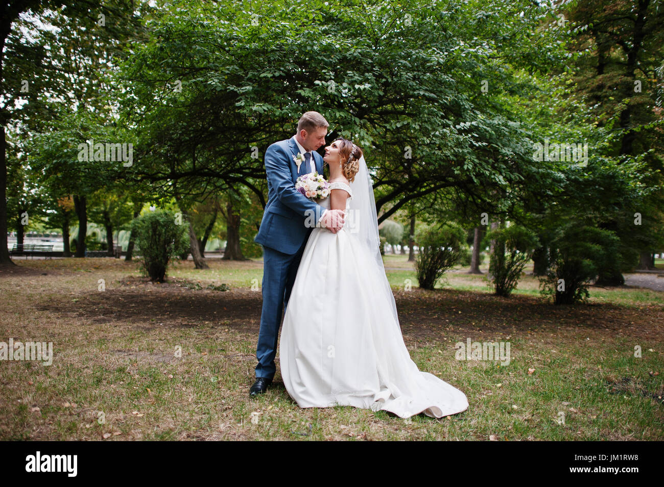 Fabulous young wedding couple posing in the park on the sunny day Stock ...