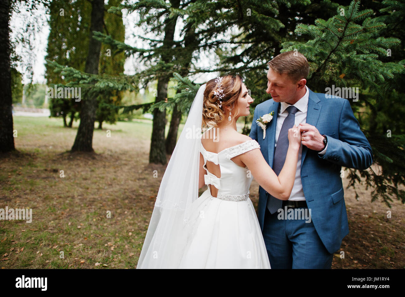 Fabulous young wedding couple posing in the park on the sunny day Stock ...