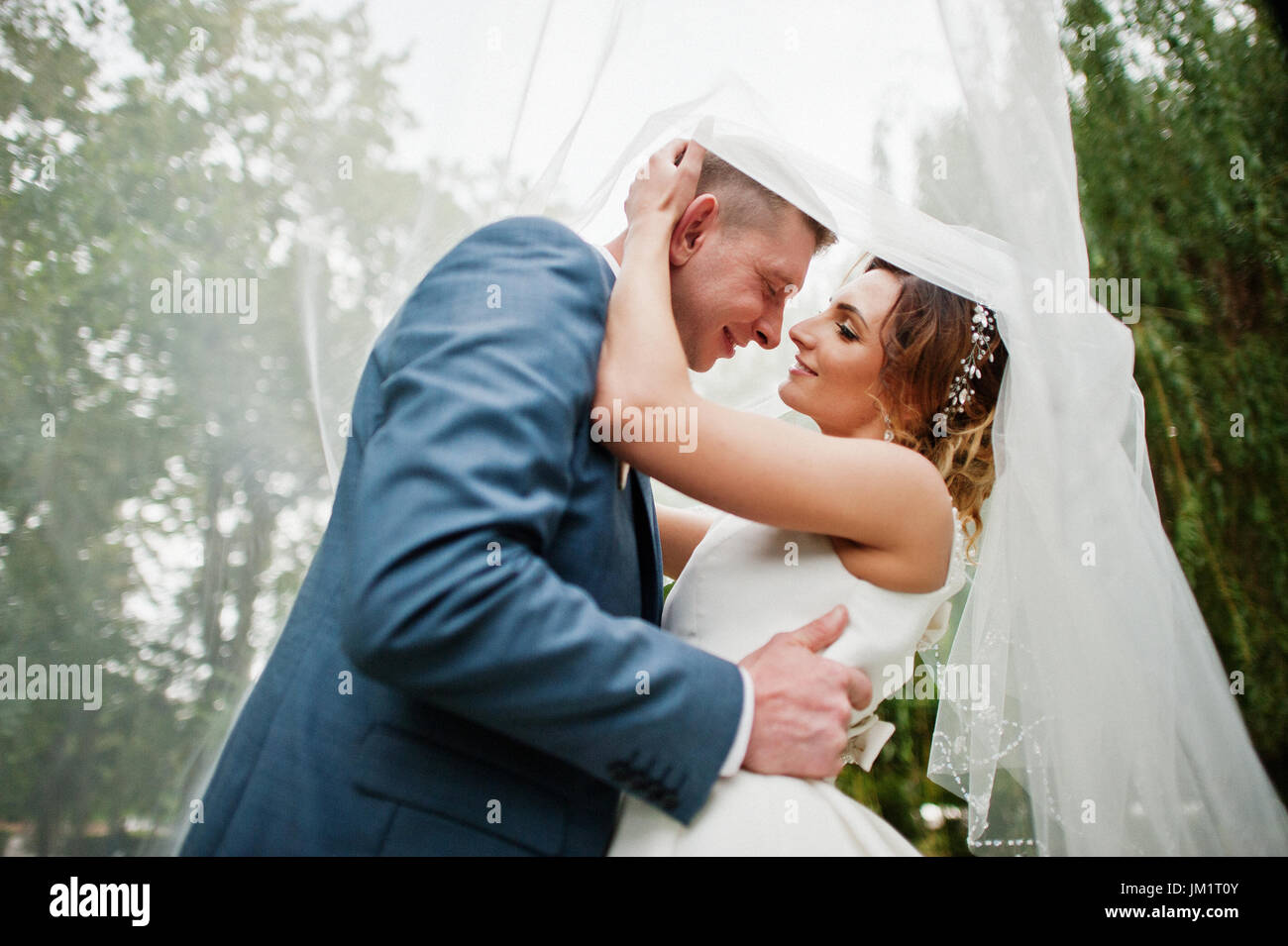 Wedding Couple Posing Under Bridal Veil Outdoor Stock Photo