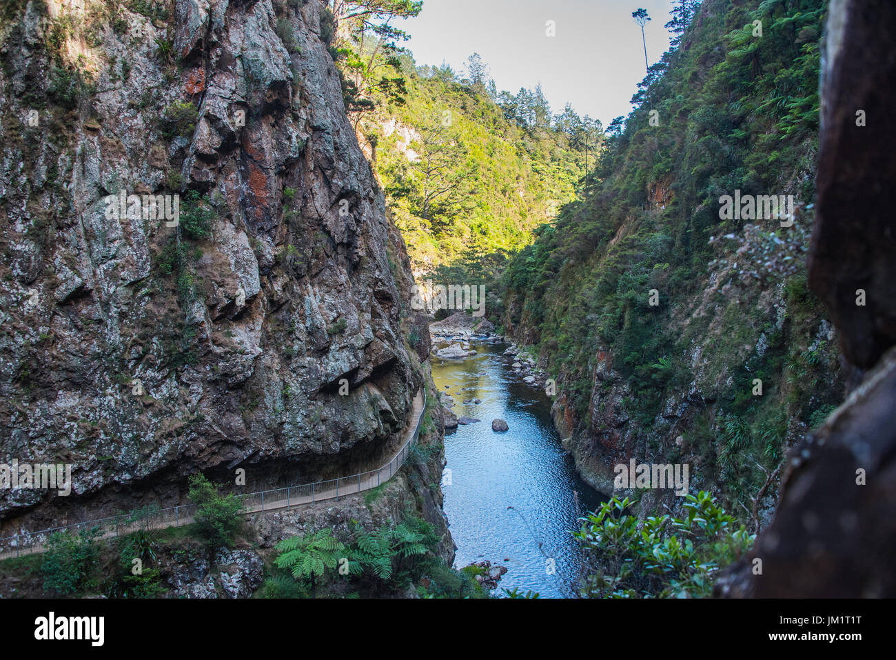 A walkway across Karangahake Gorge and old gold mining site with Waitawheta River Stock Photo