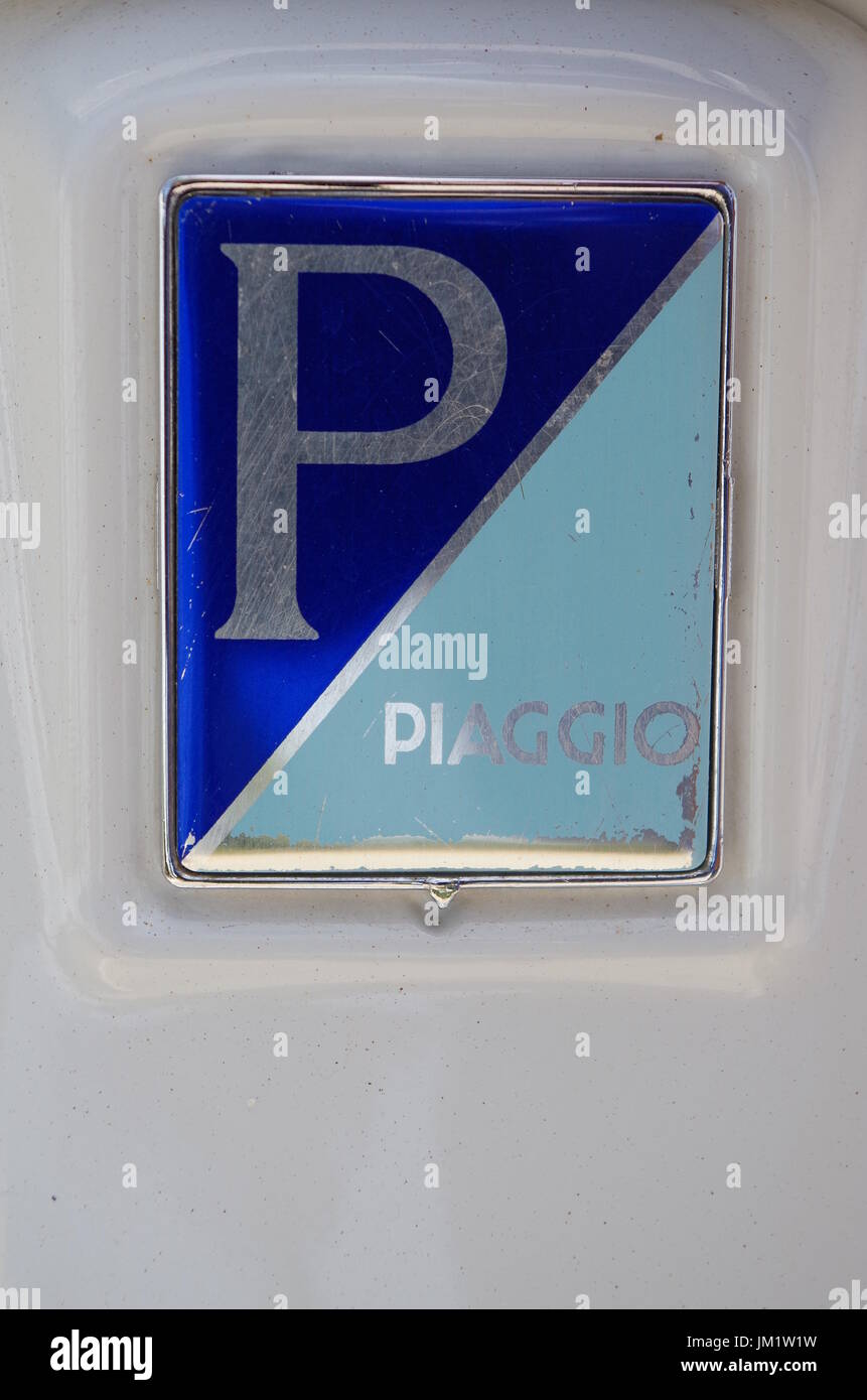 Piaggio brand logo. Vespa and tuk-tuk manufacturer Stock Photo