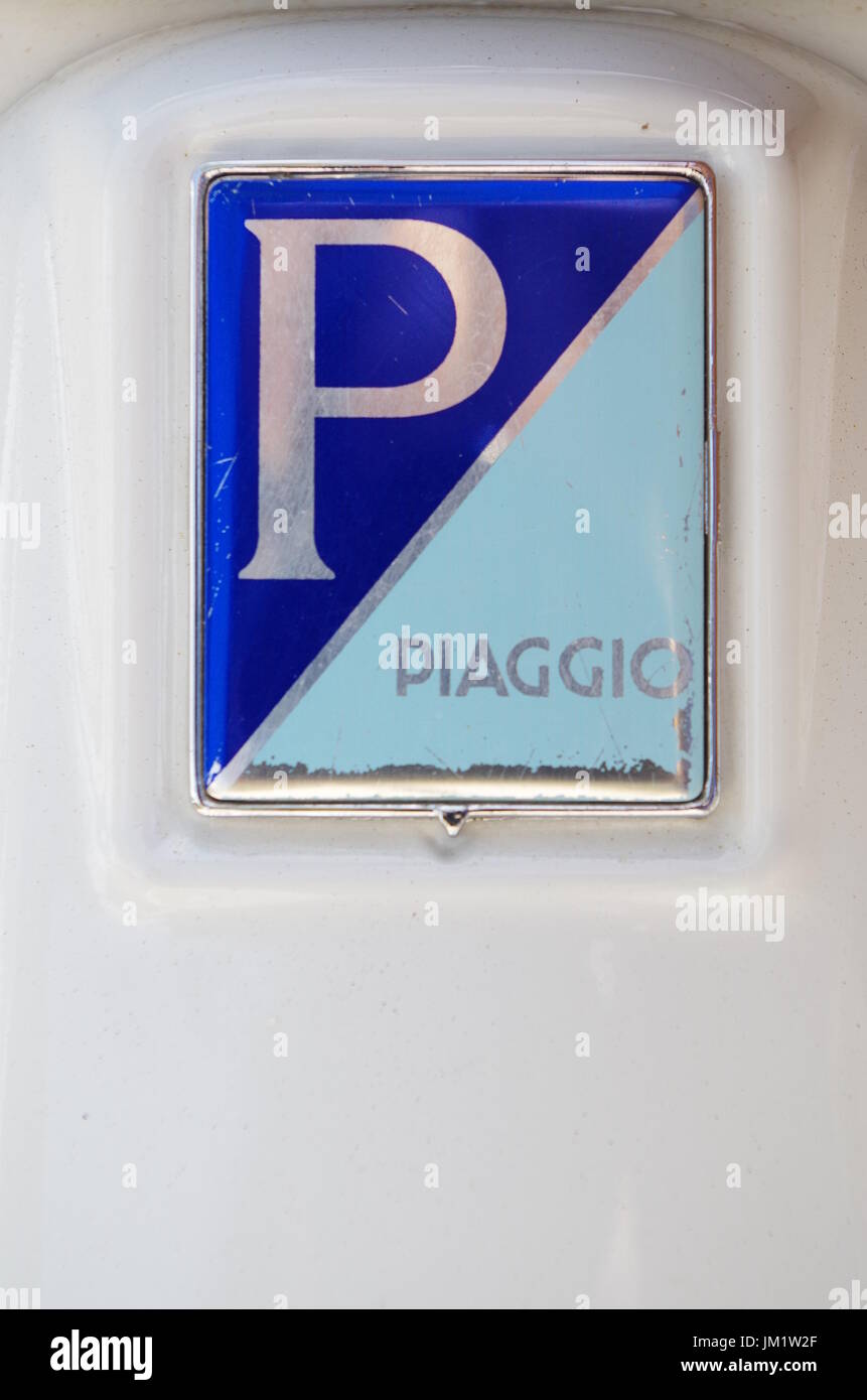 Piaggio brand logo. Vespa and tuk-tuk manufacturer Stock Photo