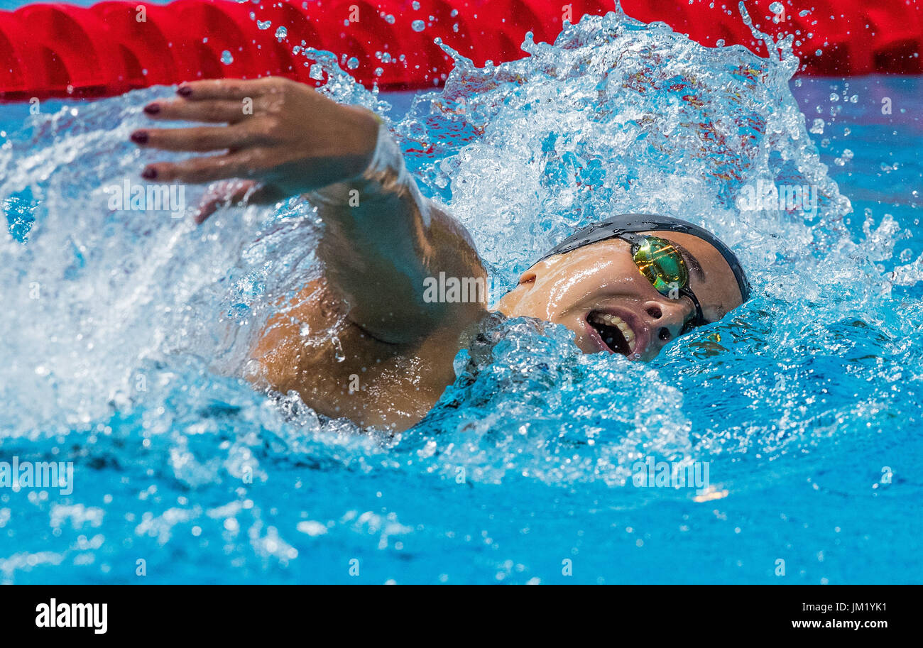 Budapest, Hungary. 25th July, 2017. Yusra Mardini from Syria competes under the flag of the FINA World association during the women's 200m freestyle qualification round at the FINA World Championships 2017 in Budapest, Hungary, 25 July 2017. Mardini was named the new UNESCO Goodwill Ambassador for refugees of the UN Refugee agency UNHCR. Photo: Jens Büttner/dpa-Zentralbild/dpa/Alamy Live News Stock Photo