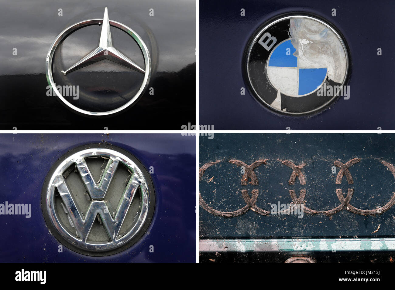 Betzigau, Germany. 25th July, 2017. The picture combo shows damaged logos as well as traces of logos of the German automotive producers Mercedes, BMW, VM and Audi, taken on a scrap yard in Betzigau, Germany, 25 July 2017. Photo: Karl-Josef Hildenbrand/dpa/Alamy Live News Stock Photo