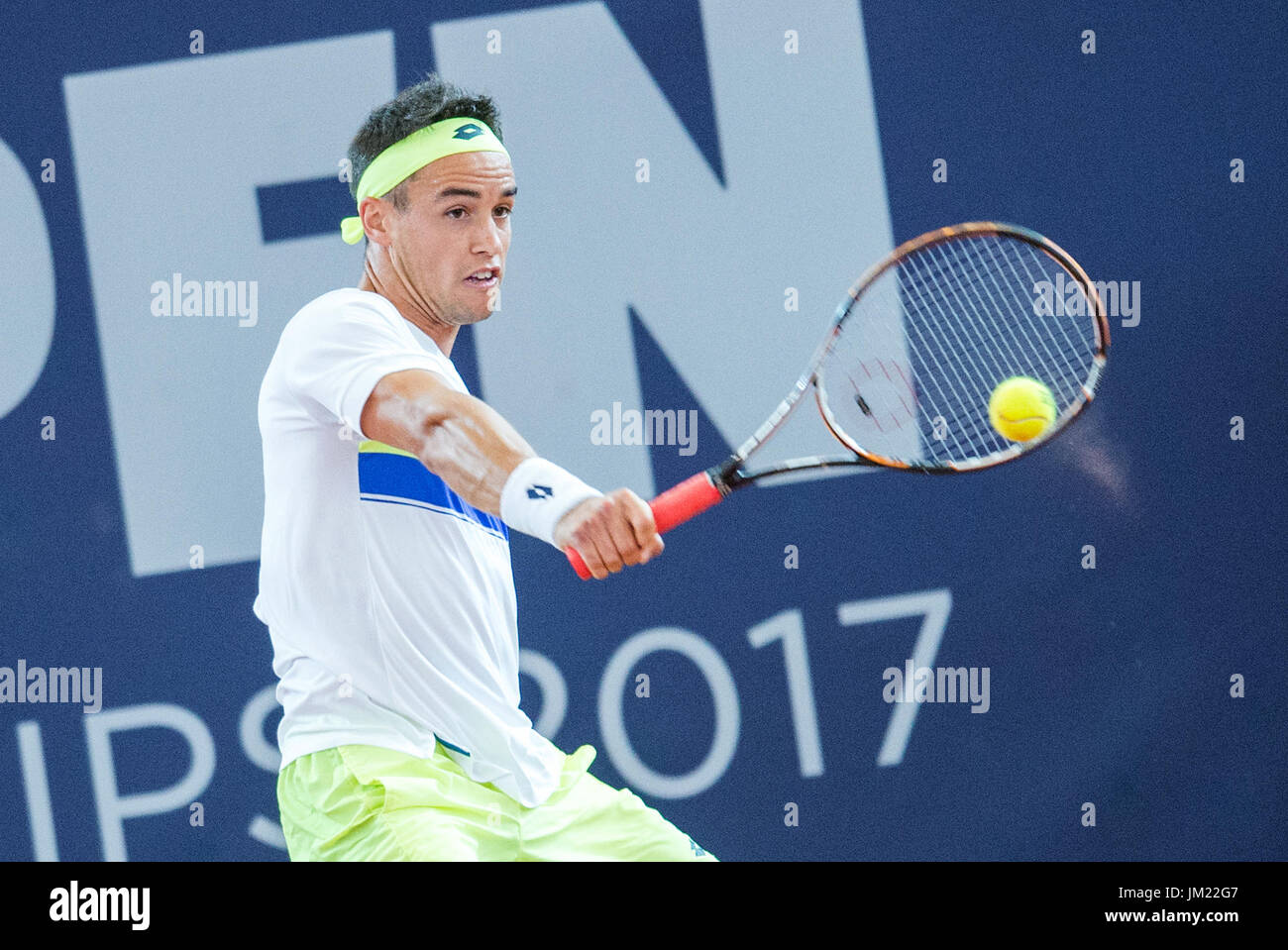 Hamburg, Germany. 25th July, 2017. Nicolas Kicker of Argentina playing  against Tommy Haas of Germany in the first round of the men's singles at  the Tennis ATP-Tour German Open in Hamburg, Germany,