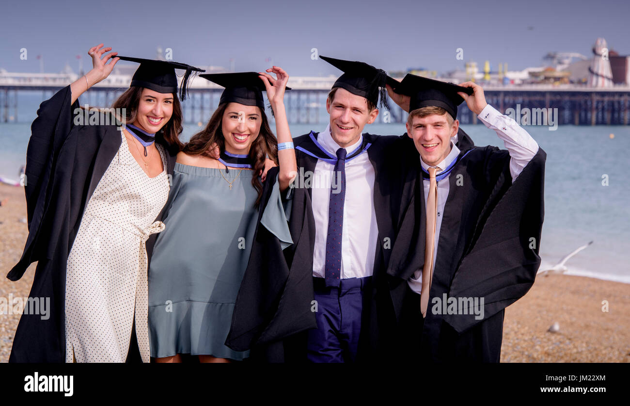 Brighton, UK. 25th July, 2017. Brighton, East Sussex, UK. Graduate twin sets - Two sets of twins graduated today at the University of Brighton summer Graduations. From left Claudia and Katia Cardoso with 2nd set of twins Tom and Shane Sayers. Picture by Credit: Jim Holden/Alamy Live News Stock Photo