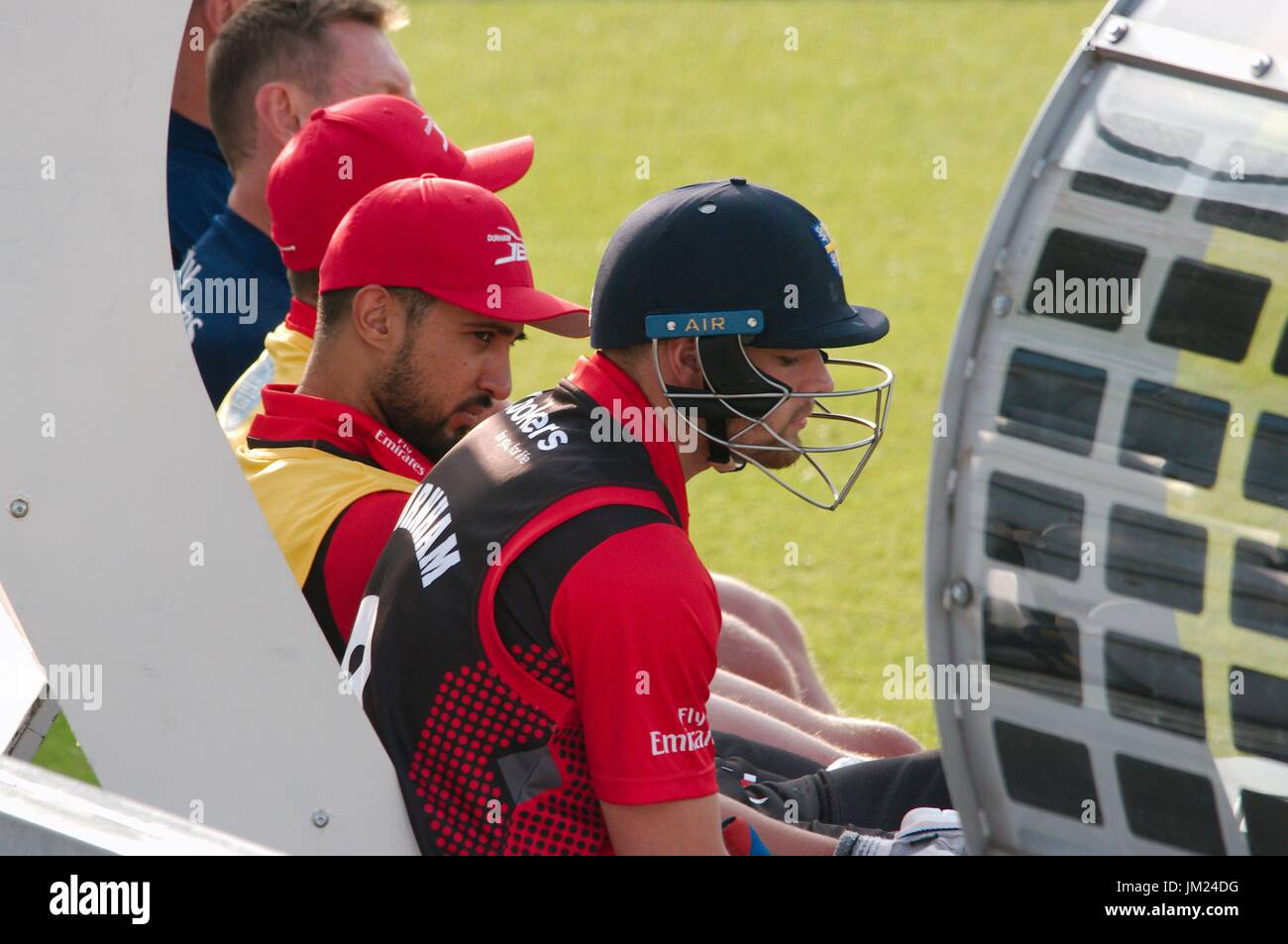 Chester le Street, England, 25th July 2017. Jack Burnham of Durham Jets waiting on the bench for his turn to bat in the NatWest T20 match against Nottinghamshire Outlaws. Credit: Colin Edwards/Alamy Live News. Stock Photo