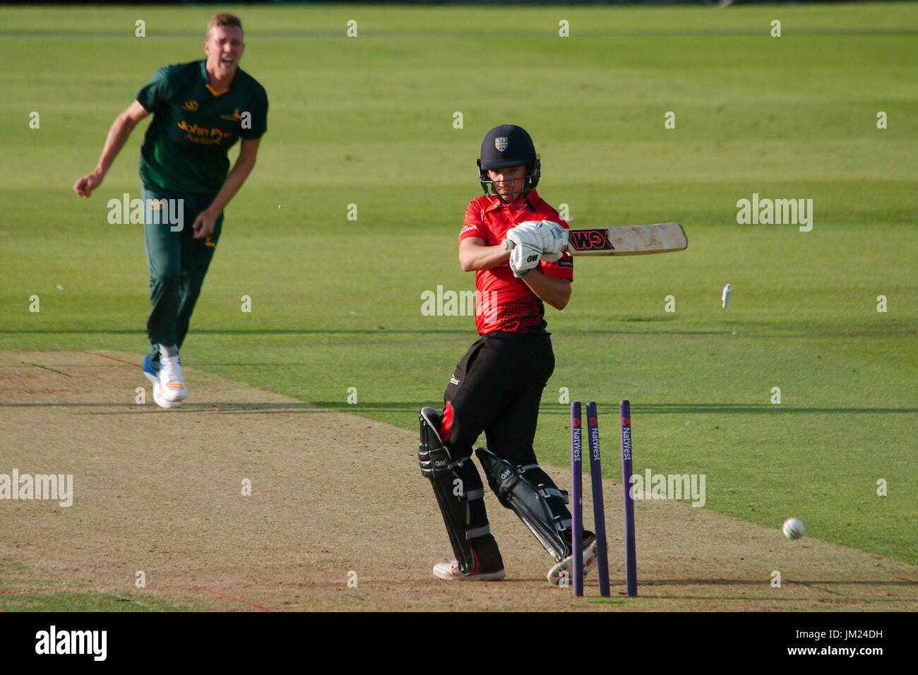 Chester le Street, England, 25th July 2017. Michael Richardson of Durham Jets is bowled by Jake Ball of Nottinghamshire Outlaws in their NatWest T20 match at the Emirates, Chester le Street. Credit: Colin Edwards/Alamy Live News. Stock Photo