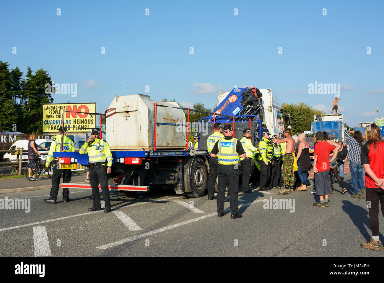 Preston New Road, Blackpool. 25th. July 2017: Anti-fracking protestors ...