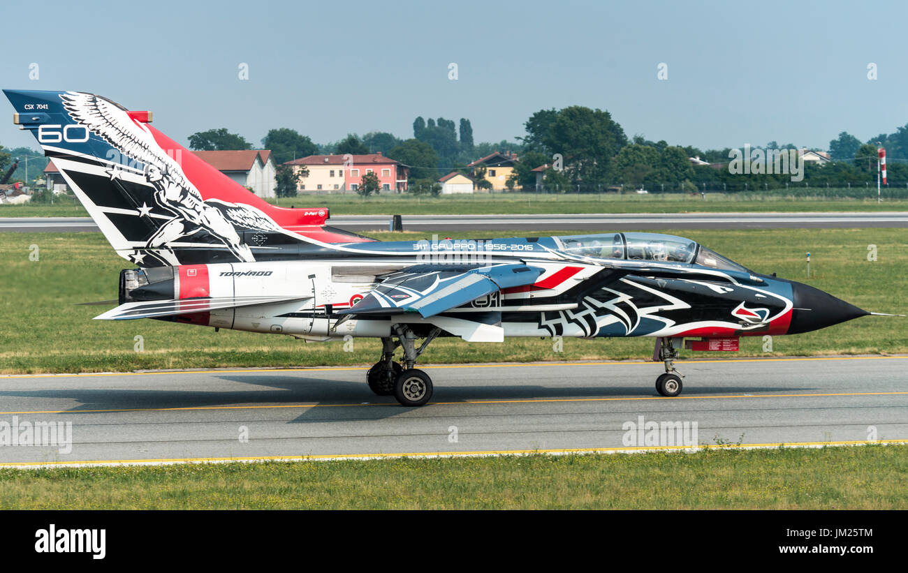 12 June 2017 Italian Air Force Panavia Tornado CSX7041 RS-01 311th Storm Reparto Sperimentale Volo, special livery celebrating the 60th anniversary of 311th. From Cosford Air Show to Turin Airport. Stock Photo
