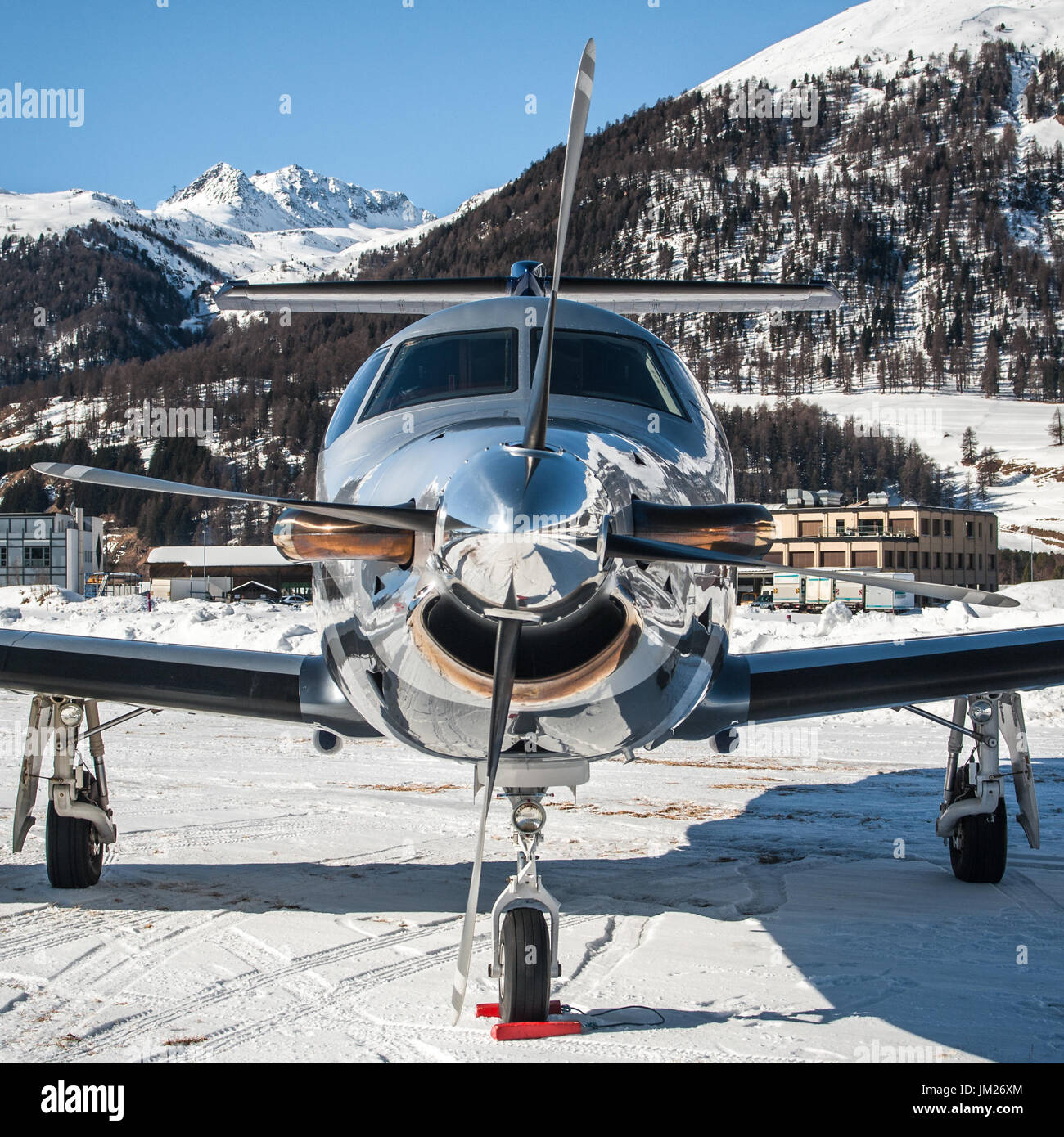 Magnific nose Pilatus PC12 Samedan Engadin Airport, Switzerland Stock Photo
