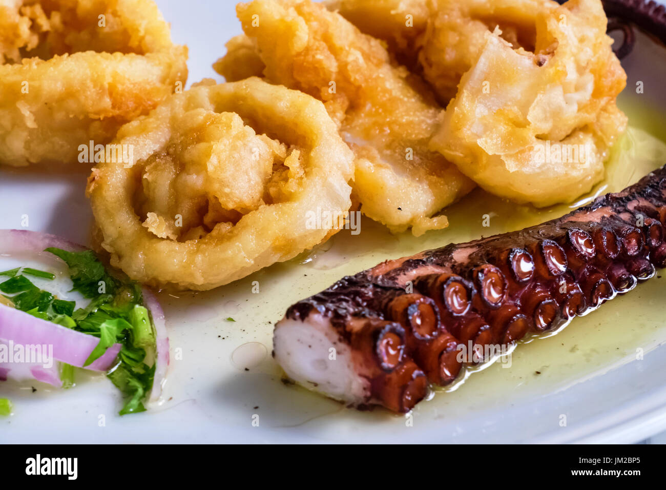 Plate of fried calamari and grilled octopus tentacles. Greece Stock