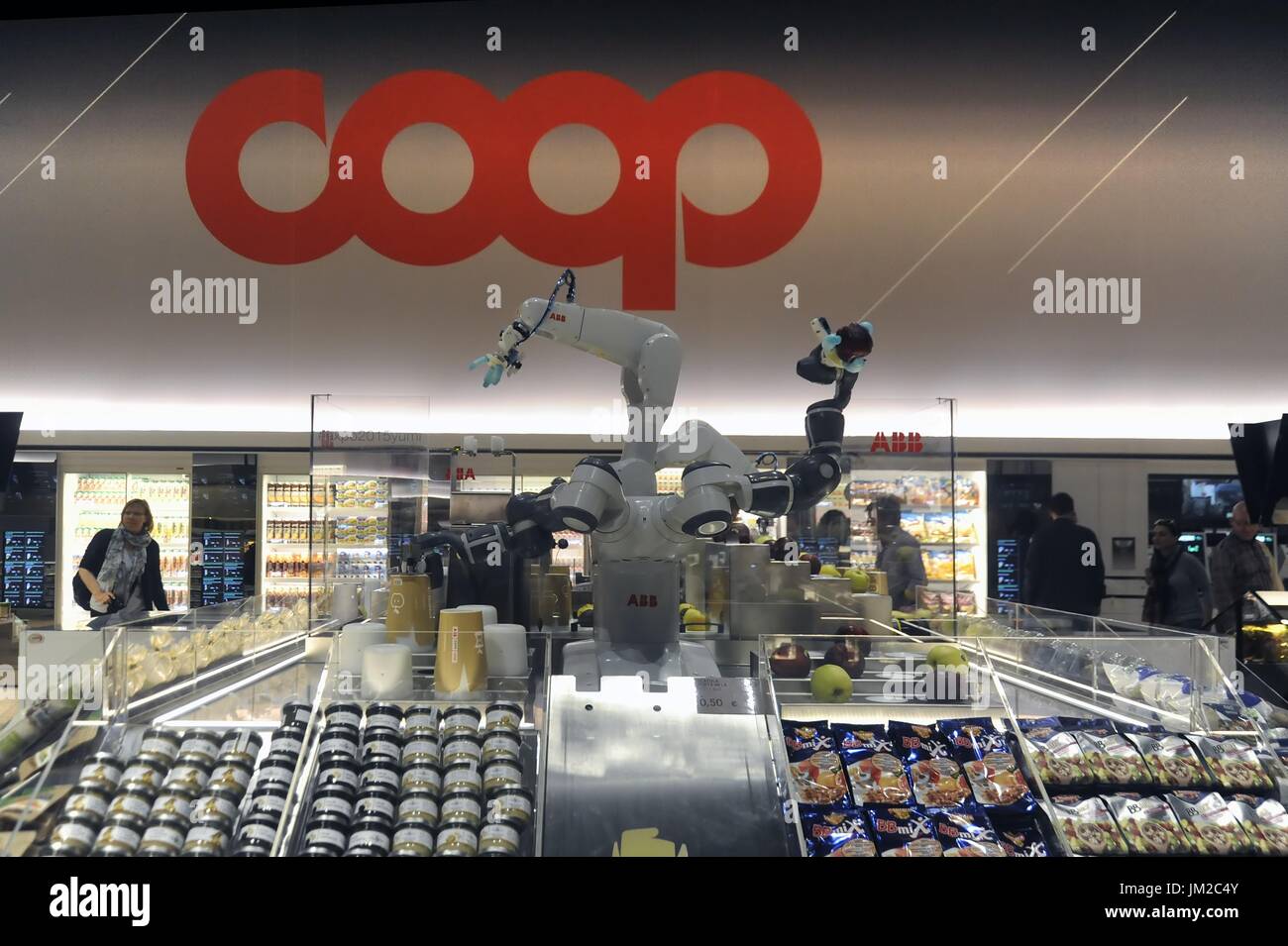 Future Food District, the supermarket of the future, made by Coop, the League of Italian Cooperatives. Presented for the first time at Milan's World Expo 2015, and then reopened in 2016 in the Bicocca district. Customers can experiment and try new ways to shop: large touch-screen high-tech monitors show additional product information, including the origin, nutritional values, the possible presence of allergenic ingredients, instructions for disposal and related products. Fundamental Issues related to food, shopping and sustainability Stock Photo