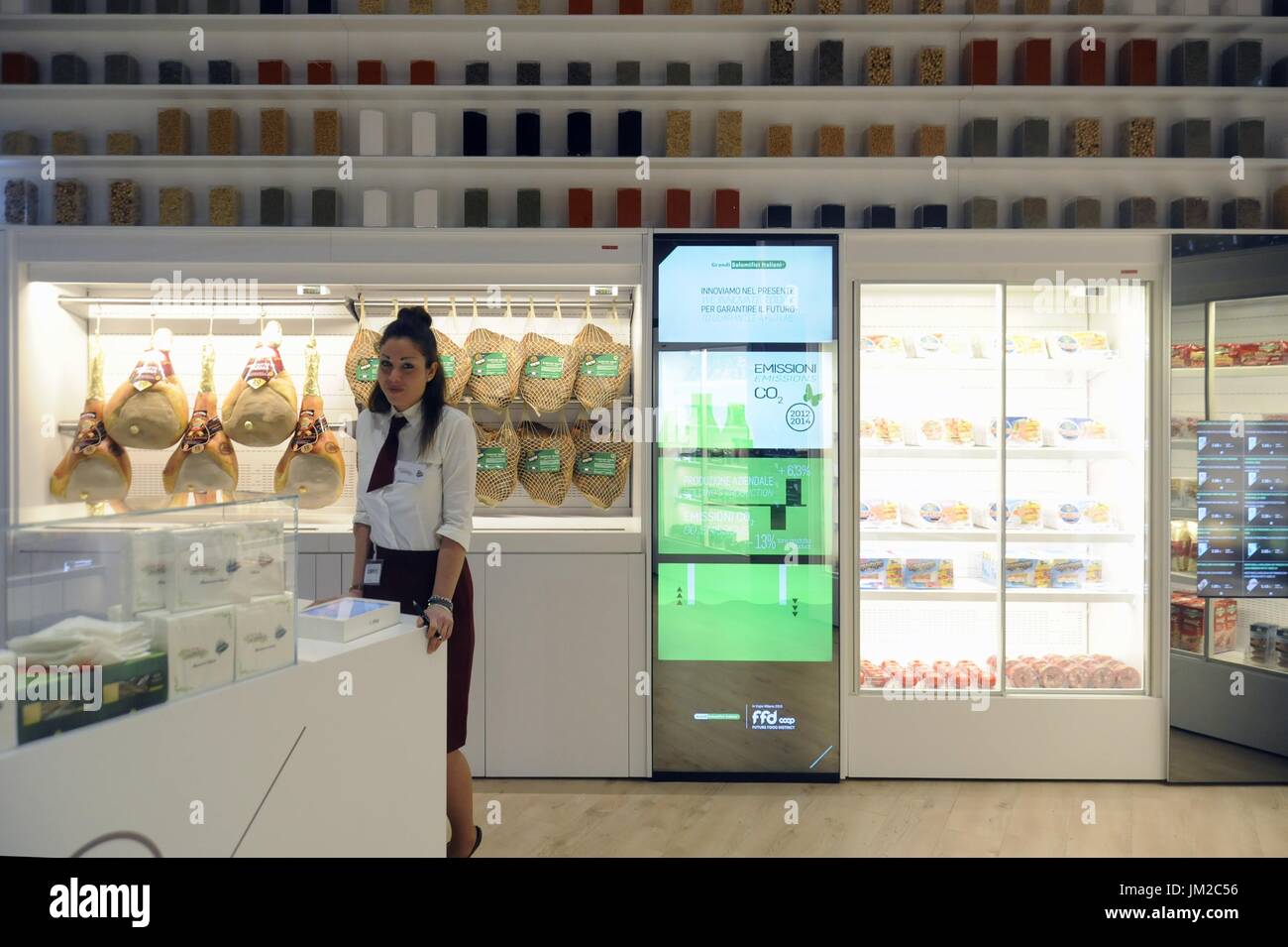 Future Food District, the supermarket of the future, made by Coop, the League of Italian Cooperatives. Presented for the first time at Milan's World Expo 2015, and then reopened in 2016 in the Bicocca district. Customers can experiment and try new ways to shop: large touch-screen high-tech monitors show additional product information, including the origin, nutritional values, the possible presence of allergenic ingredients, instructions for disposal and related products. Fundamental Issues related to food, shopping and sustainability Stock Photo