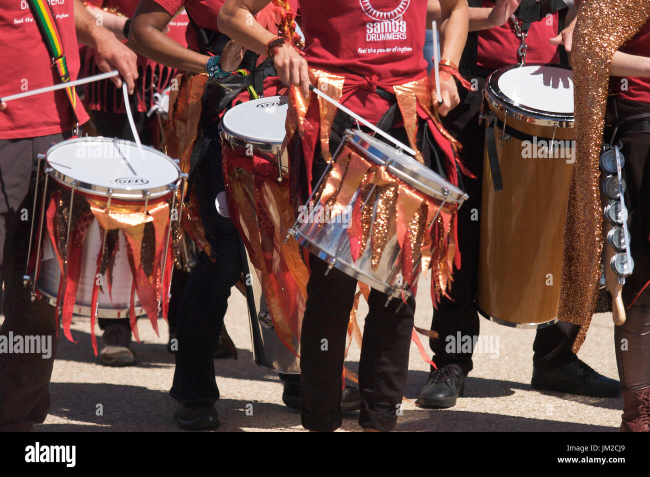 Samba drummers taking part in carnival parade Stock Photo