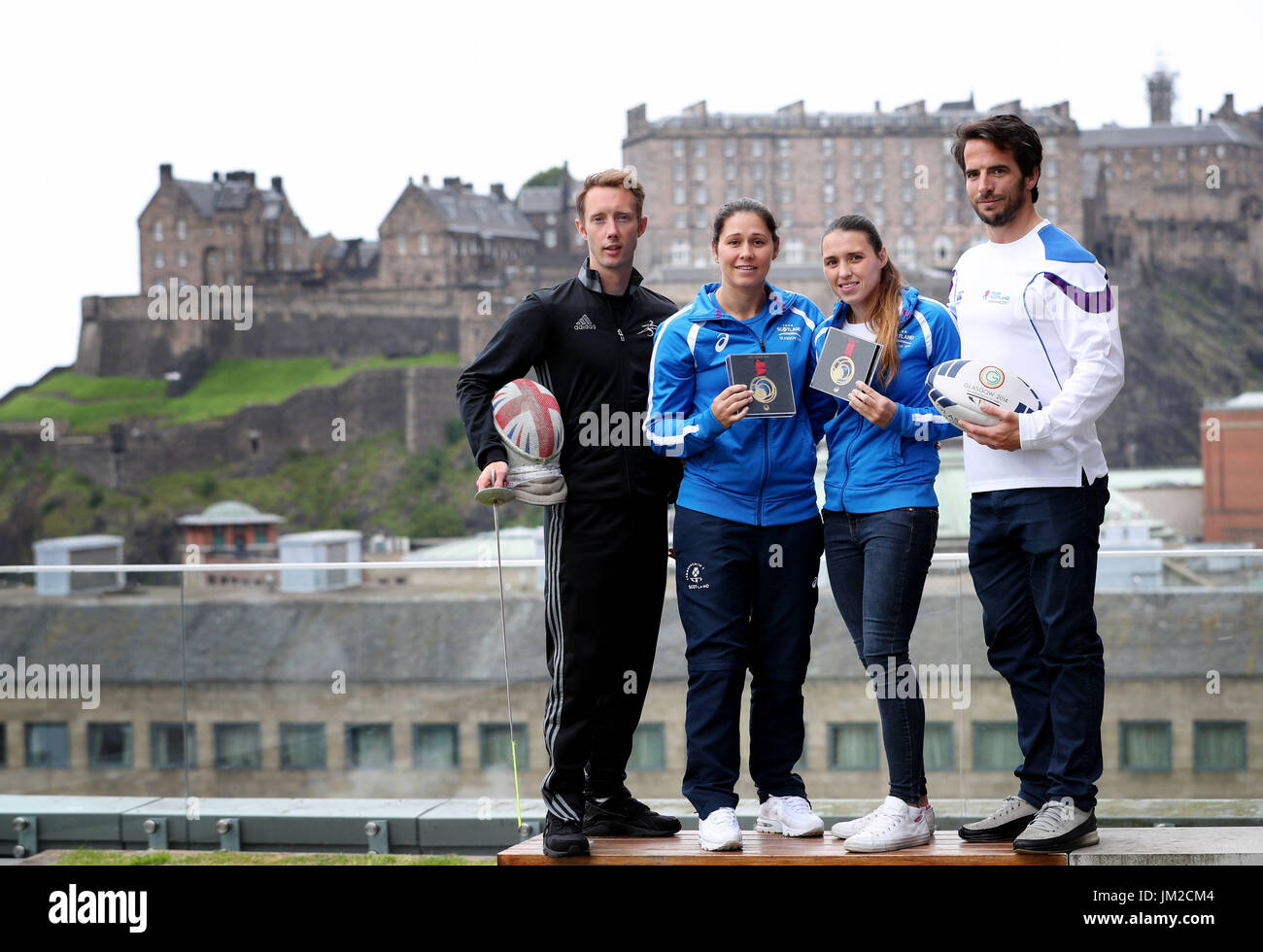 Scotland's leading athletes (from left) British Fencing Champion Keith Cook, Commonwealth gold-winning Judo players Louise and Kimberley Renicks with Rugby 7s captain Colin Gregor have been taking part in a Winning Scotland Foundation charity programme in Edinburgh to receive training in becoming sporting role models to help young people set and achieve personal goals. Stock Photo
