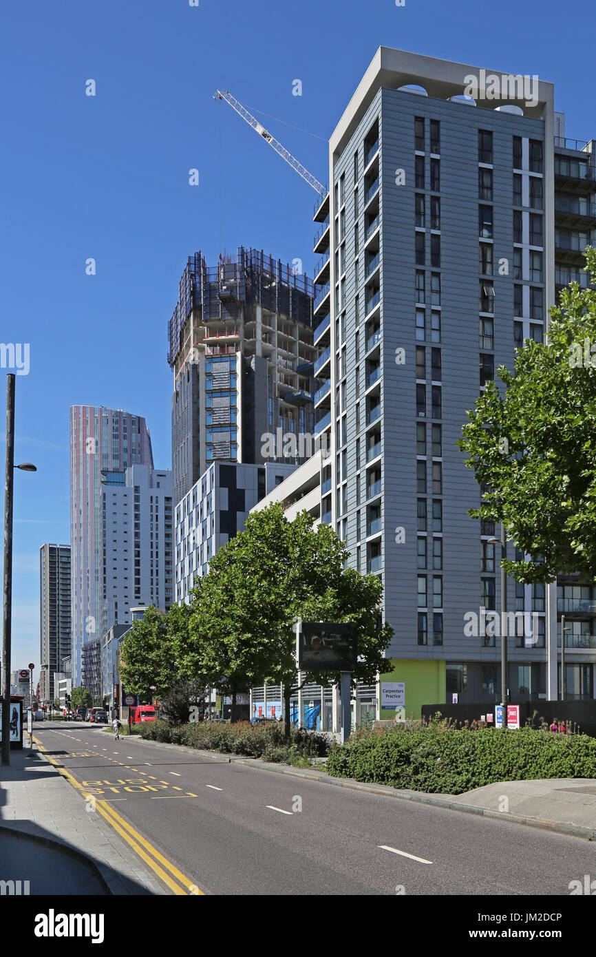 View west along the newly redeveloped Stratford High Street in East London, UK. The area has benefitted from proximity to the 2012 Olympic Park. Stock Photo