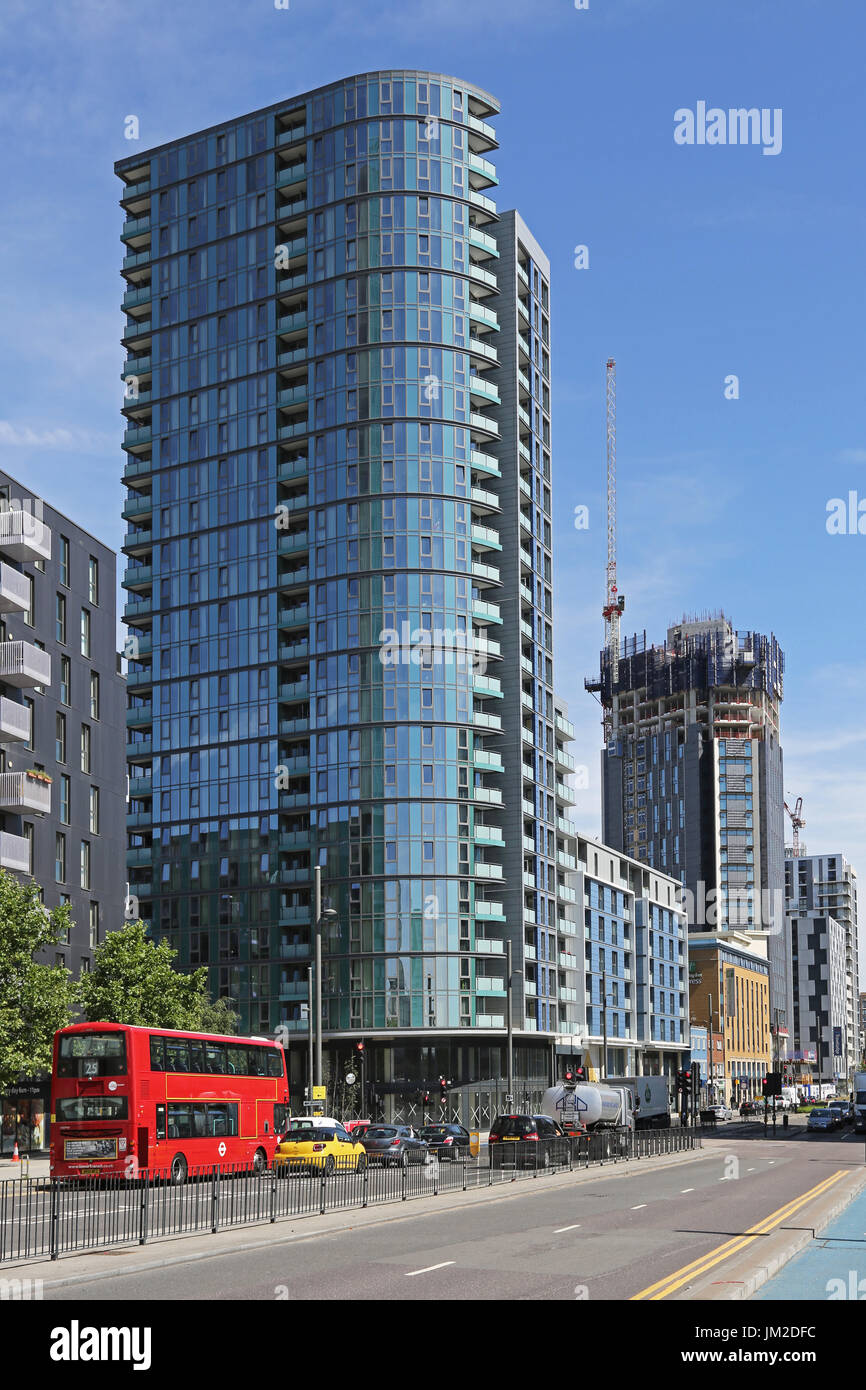 View east along the newly redeveloped Stratford High Street in East London, UK. The area has benefitted from proximity to the 2012 Olympic Park. Stock Photo