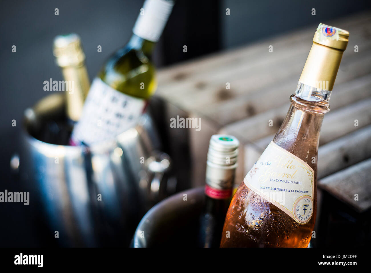 mixed bottles of gourmet wine in ice chiller bucket at bar Stock Photo