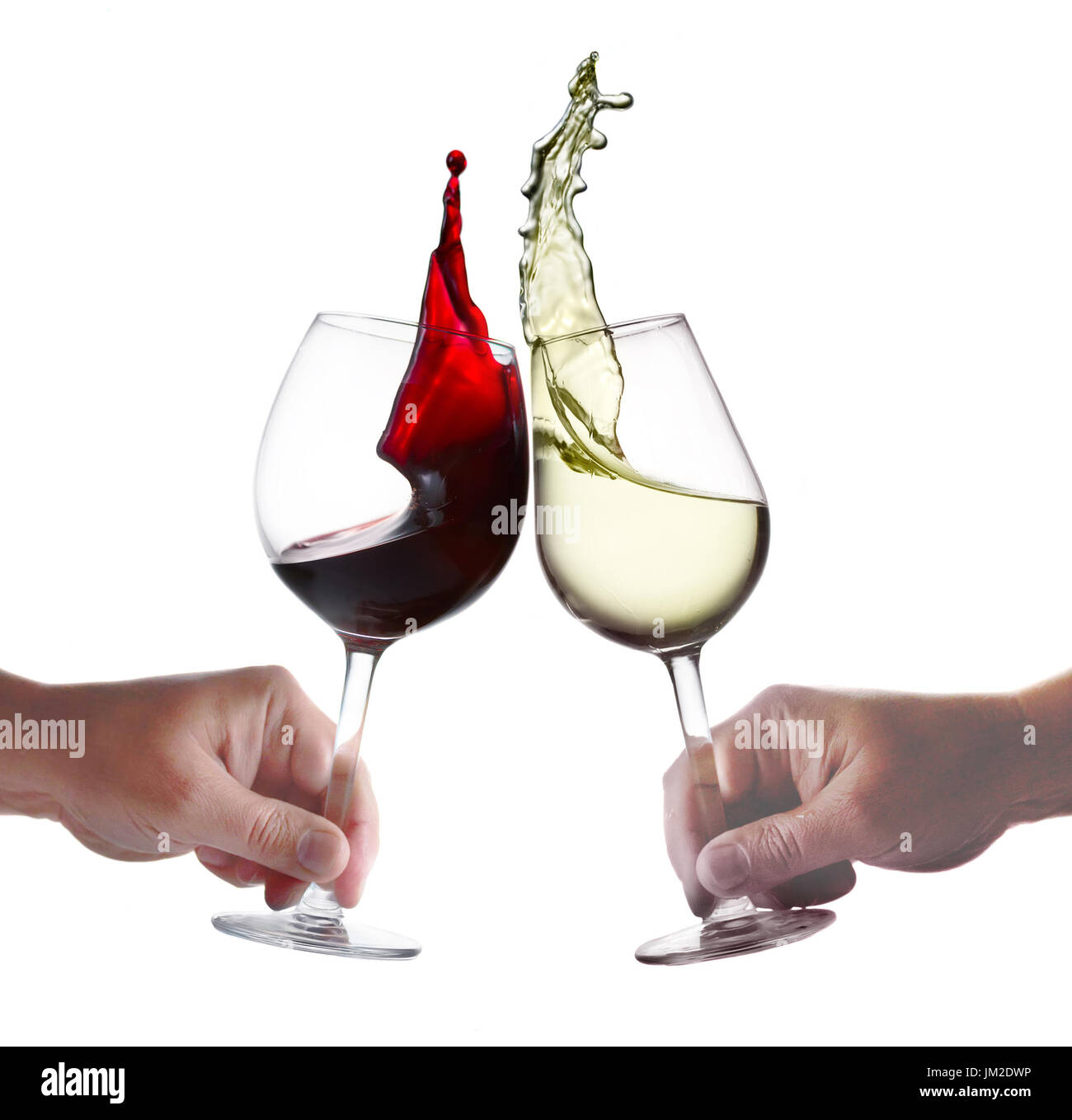 Two Hands holding glasses of red and white wine with splash Stock Photo ...
