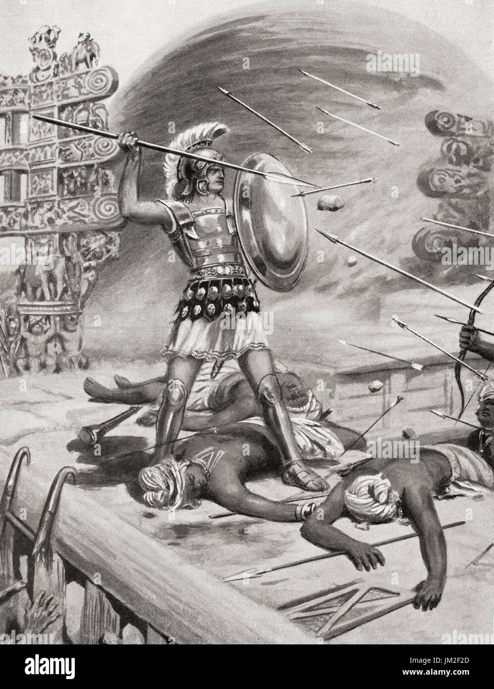 EDITORIAL Alexander the Great fighting the Assacani at the fortified city of Massaga, India during his Indian Campaign in 326BC.  Alexander III of Macedon, 356 BC – 323 BC, aka Alexander the Great.  King  of the Ancient Greek kingdom of Macedon.  After the painting by Ambrose Dudley (1867-1951).  From Hutchinson's History of the Nations, published 1915. Stock Photo