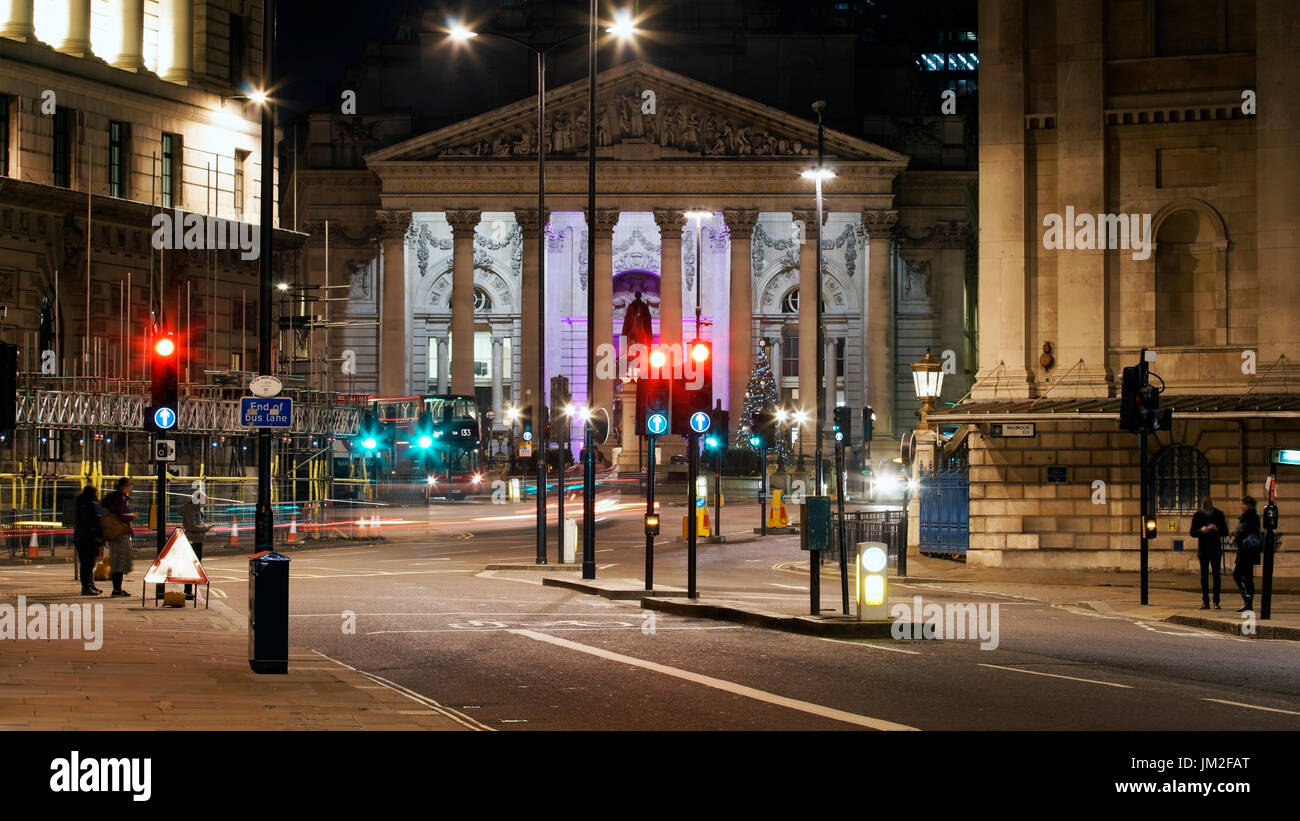 Night view of Royal Stock Exchange, luxury shopping Center facade, City of London Architectures Stock Photo