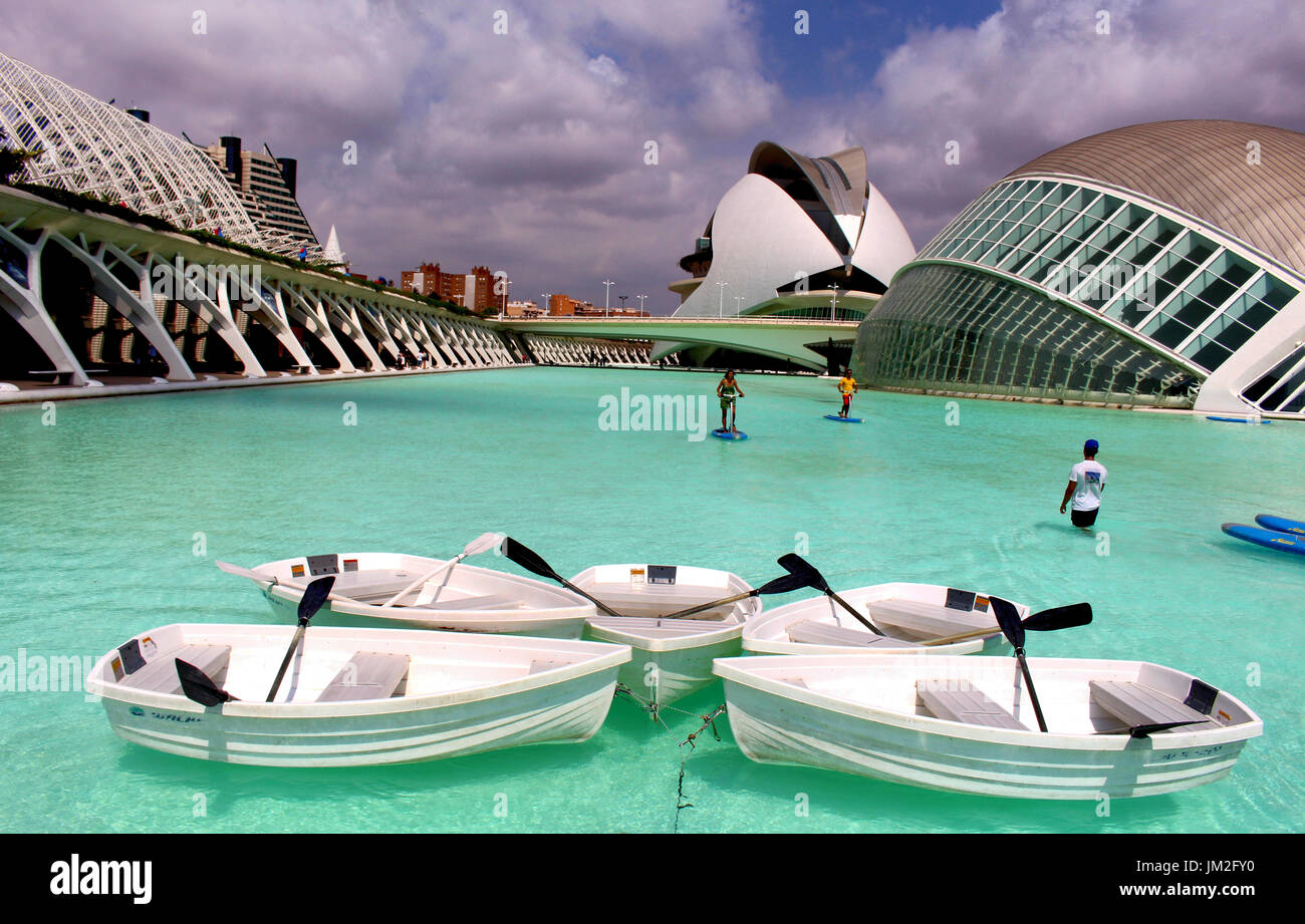 VALENCIA/SPAIN - 22 JULY 2017: Tourists doing water sports in front of Valencia`s City of Arts and Sciences Stock Photo