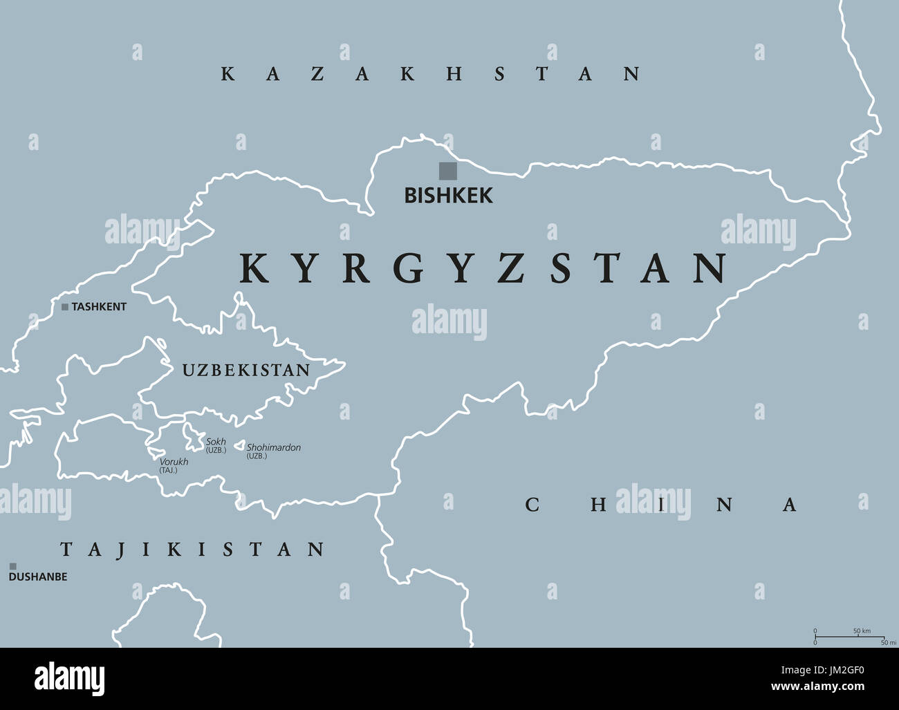 Kyrgyzstan political map with capital Bishkek and borders. Kyrgyz Republic, a landlocked country in Central Asia. Gray illustration. Stock Photo