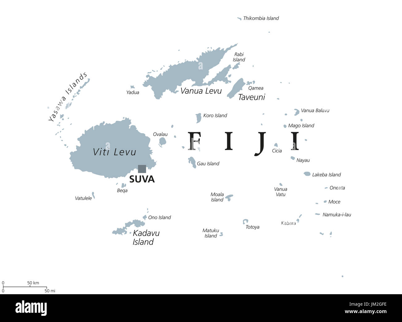 Fiji political map with capital Suva. Republic, archipelago and island country in Melanesia in the South Pacific Ocean. Gray illustration. Stock Photo