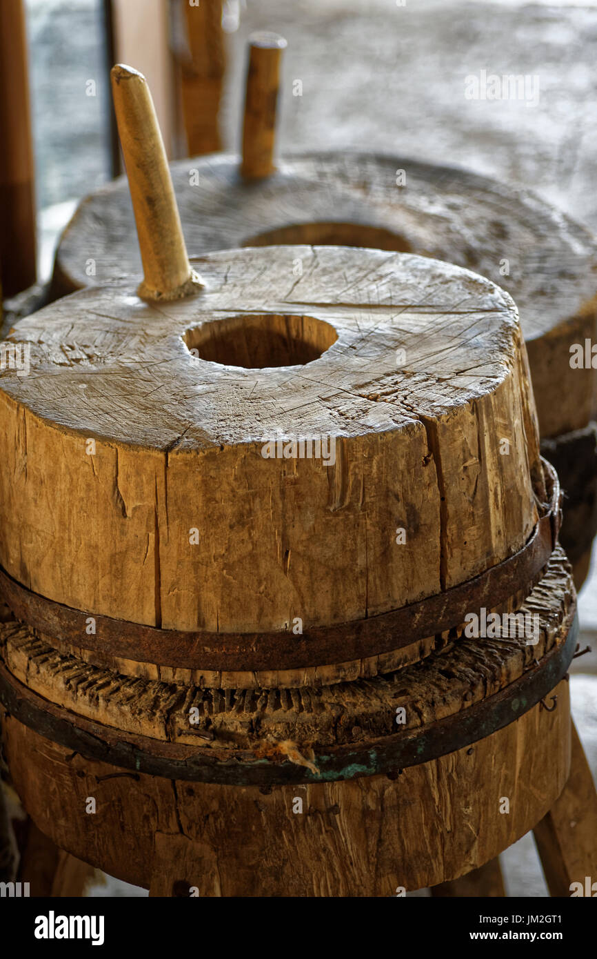 Photo old wooden millstones Stock Photo