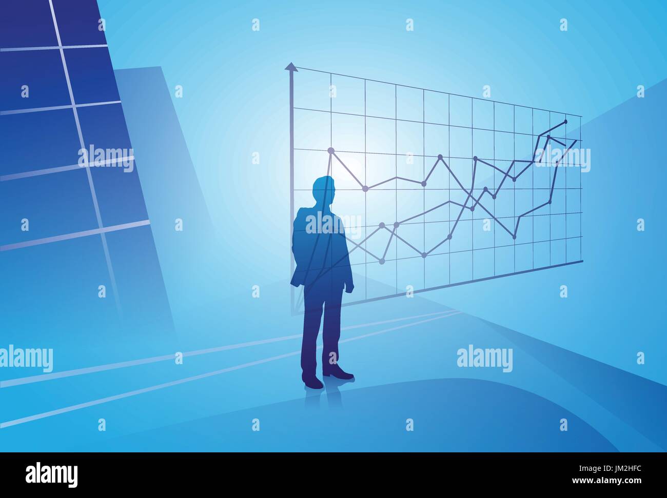 Silhouette Businessman Looking At Finance Graph, Business Man Analysing Results Concept Stock Vector