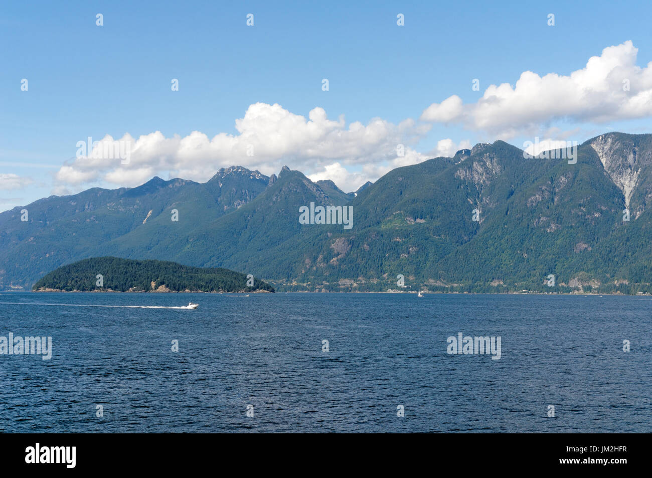 Queen Charlotte Channel and Coast Mountains from the Bowen Island Ferry, British Columbia, Canada Stock Photo