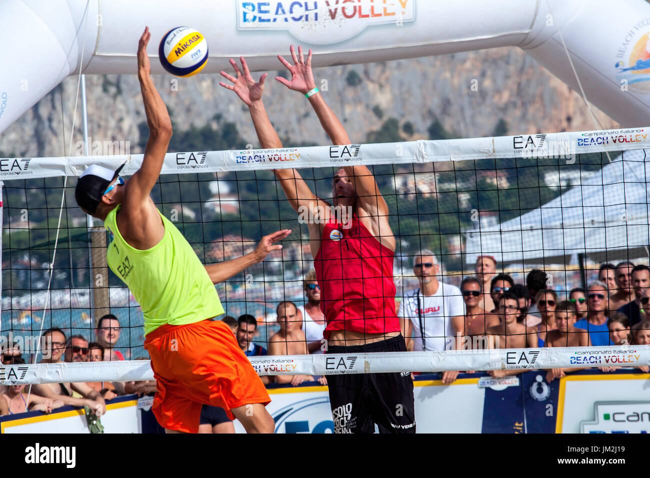 Athletes during the final of the Italian Championship Beach Volley on July 23, 2017 in Mondello Beach, Italy. Stock Photo